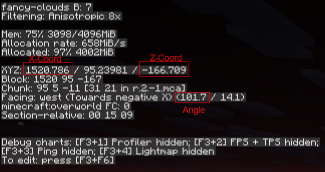 Minecraft F3 debug screen showing where to find the facing angle